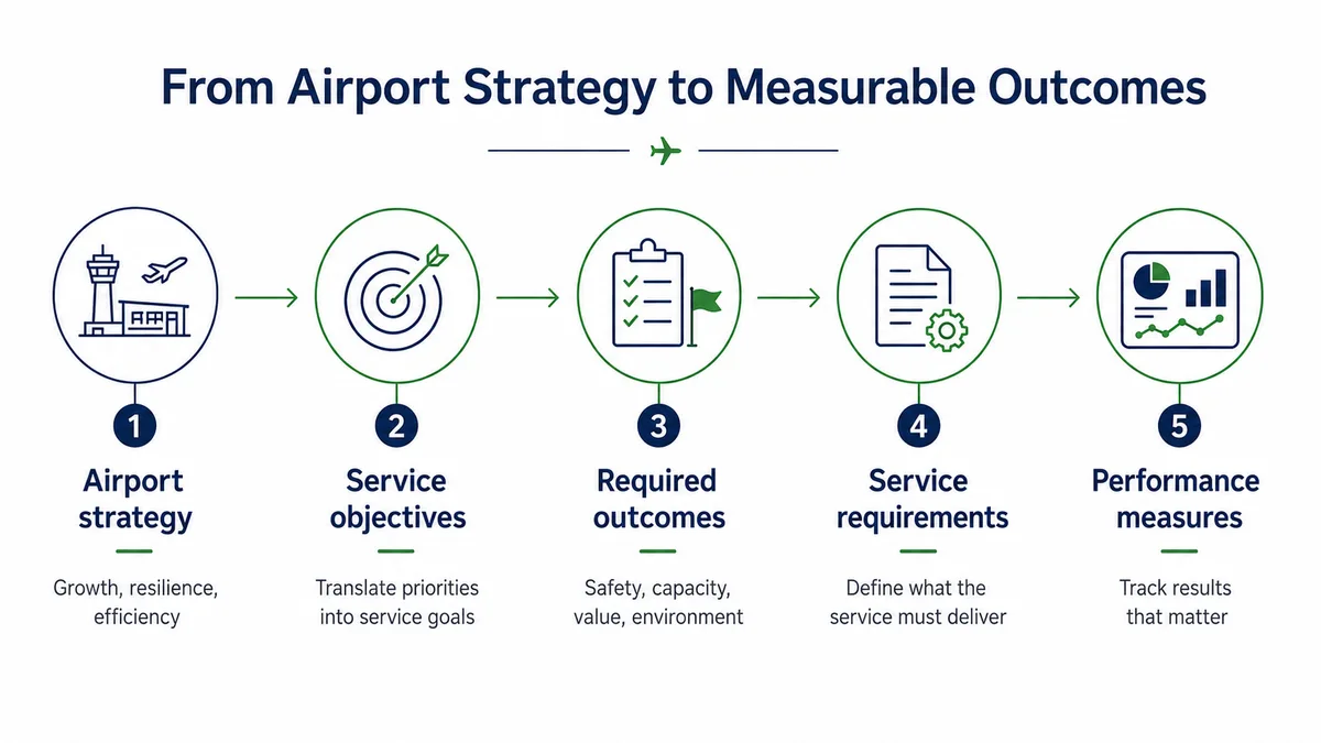Diagram showing a five-step pathway from airport strategy to measurable outcomes: airport strategy, service objectives, required outcomes, service requirements and performance measures.