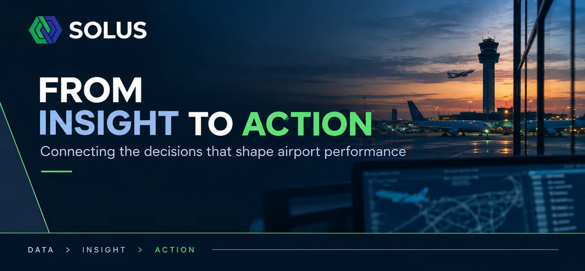 Solus From Insight to Action banner showing an airport control tower, aircraft and operational data displays at dusk.