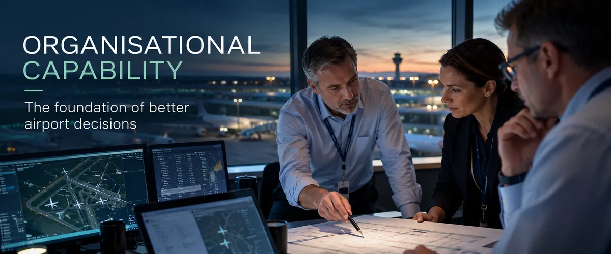 Airport professionals reviewing operational information, with an airfield and control tower visible in the background at dusk.