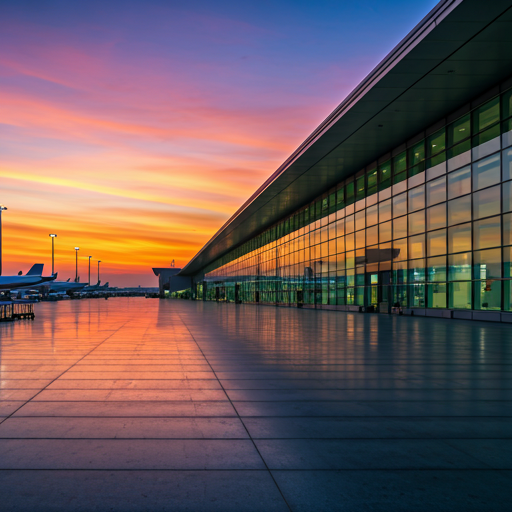 Modern airport terminal at dusk