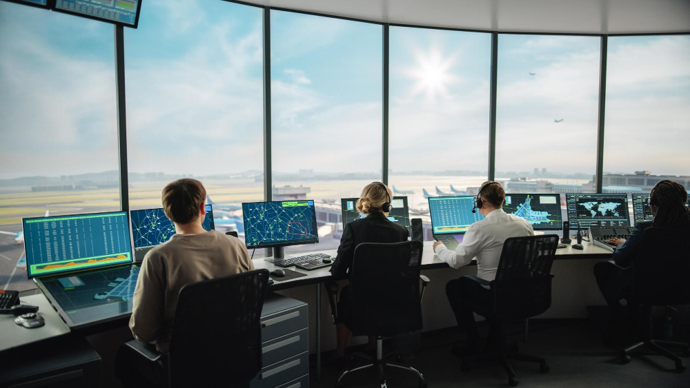 Air traffic controllers working inside an airport control tower